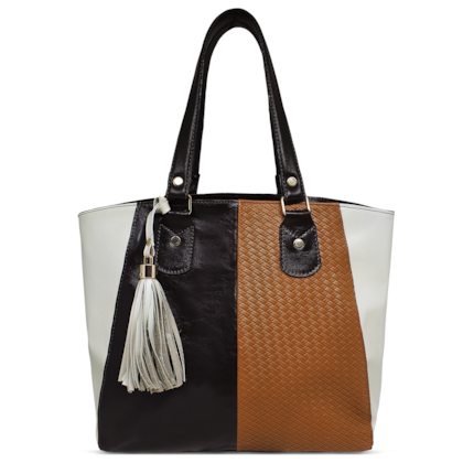 Bolsa Tote de Couro Renata - Off-white/Chocolate/Trecê Caramelo Bolsa Tote de Couro Renata - Off-white/Chocolate/Trecê Caramelo