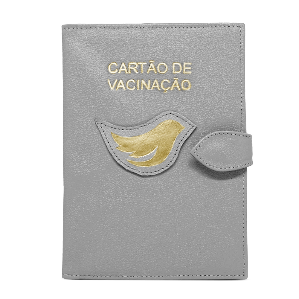 Porta Cartão de Vacina de Couro - Cinza / Dourado