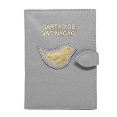 Porta Cartão de Vacina de Couro - Cinza / Dourado