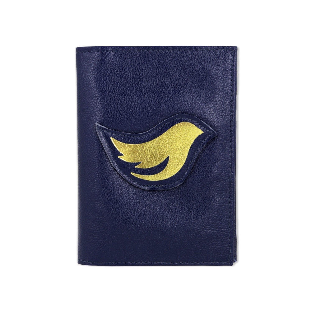 Porta Passaporte de Couro Bird -  Azul Marinho / Dourado