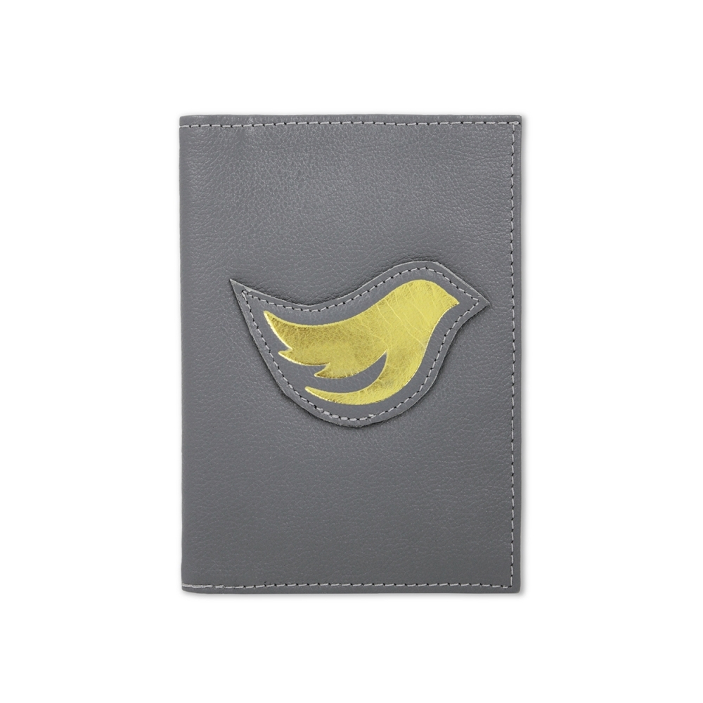 Porta Passaporte de Couro Bird -  Cinza / Dourado