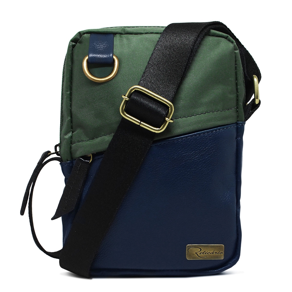 Shoulder Bag de Couro e Nylon Oliver - Azul Marinho/Verde